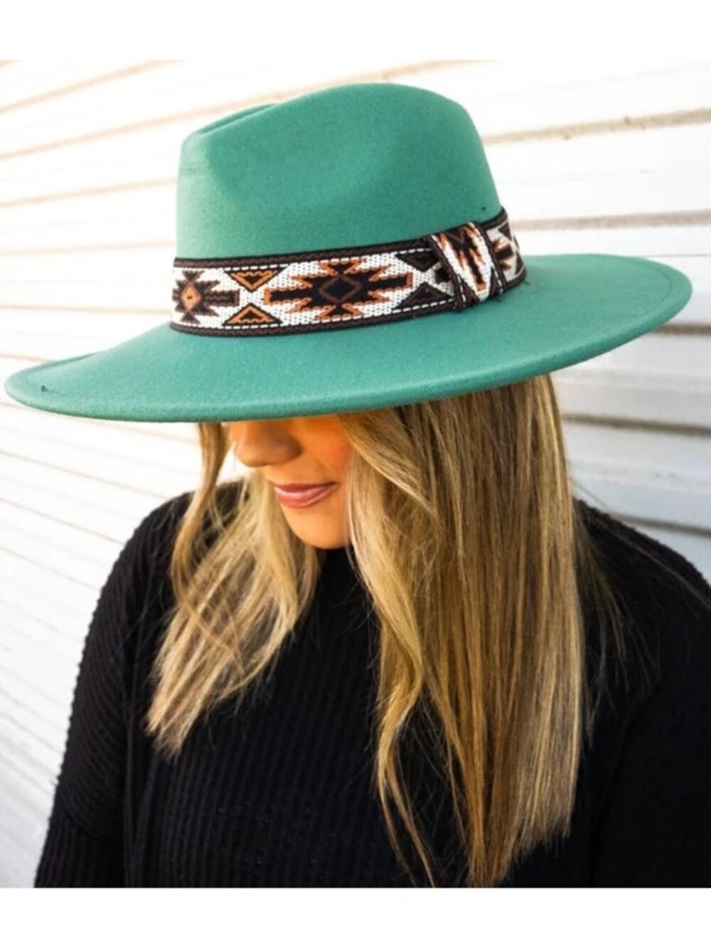 Turquoise Wide Brim Felt Fedora Hat Southwestern Boho Western Aztec Band OSFM